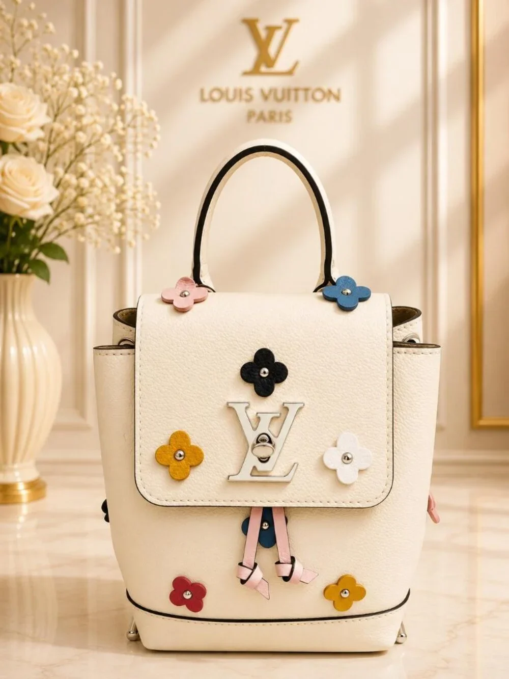 Authentic Louis Vuitton Lockme Floral Leather Backpack White Multicolor LV Bag - Picture 1 of 16